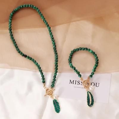 Stylish Vintage Jewelry Malachite Leave Shape Pearl Fashion Women necklace and Earring Sets