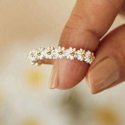 New Small Chrysanthemum 925 Sterling Silver Jewelry Smoo Adjustable Size Wedding Semicircle Arch Flower Fresh Small Daisy Ring