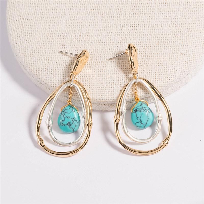 Manufacture New Design Gold Matte Sterling Silver 2 Tone Plated Color Teardrop Drop Earrings with Natural Turquoise Semiprecious Stone Drop