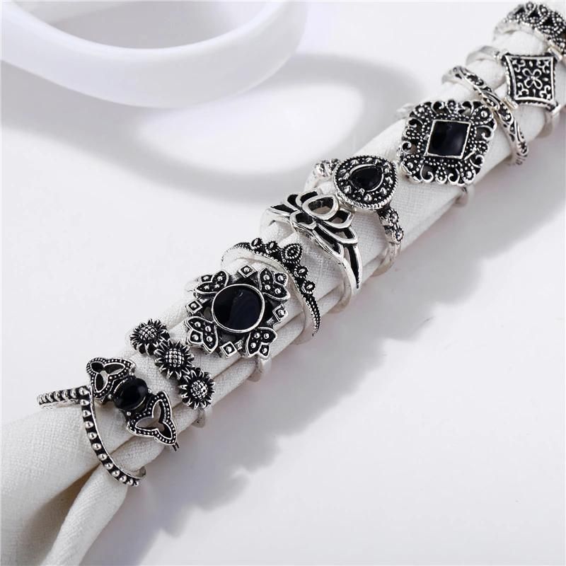 15 PCS/Set Bohemia Retro Leaves Lotus Silver Rings Set Fashion Jewelry