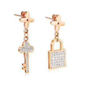 Rose Gold Stainless Steel Titanium Zircon Lucky Four Leaf Clover Key and Lock Stud Earring