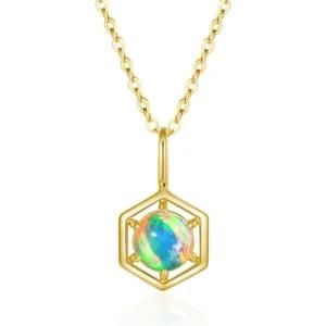 New Design Custom Pendant S925 Sterling Silver Gold Plated Synthetic Opal Geometric Hexagon Pendant Necklace
