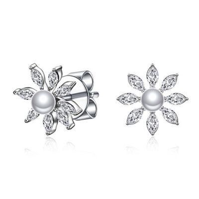 Simple CZ 925 Sterling Silver Marquise Stone Pearl Stud Earring