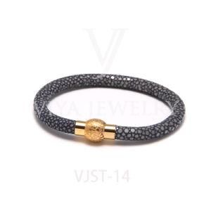 Genuine Stingray Leather Bracelet Stainless Steel Magnetic Lock Clasps Cuff Bangle Unisex Jewelry