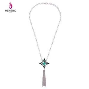 Fashion Retro Inlaid Crystal Geometric Pendant Lond Necklace Alloy Tassel Pendant