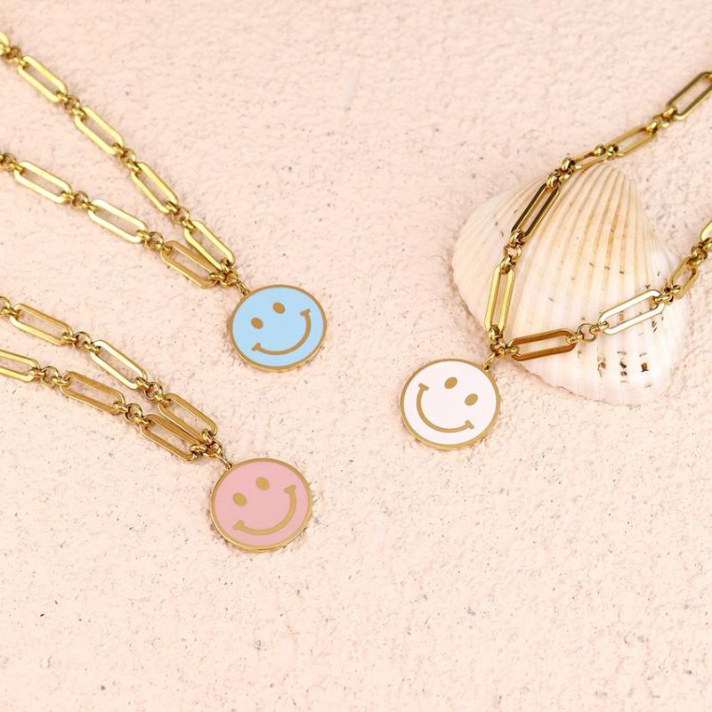 2022 Smiley Face Necklace Gold Chain Double Round Smile Color Oil Painting Talisman Necklace Jewelry for Women