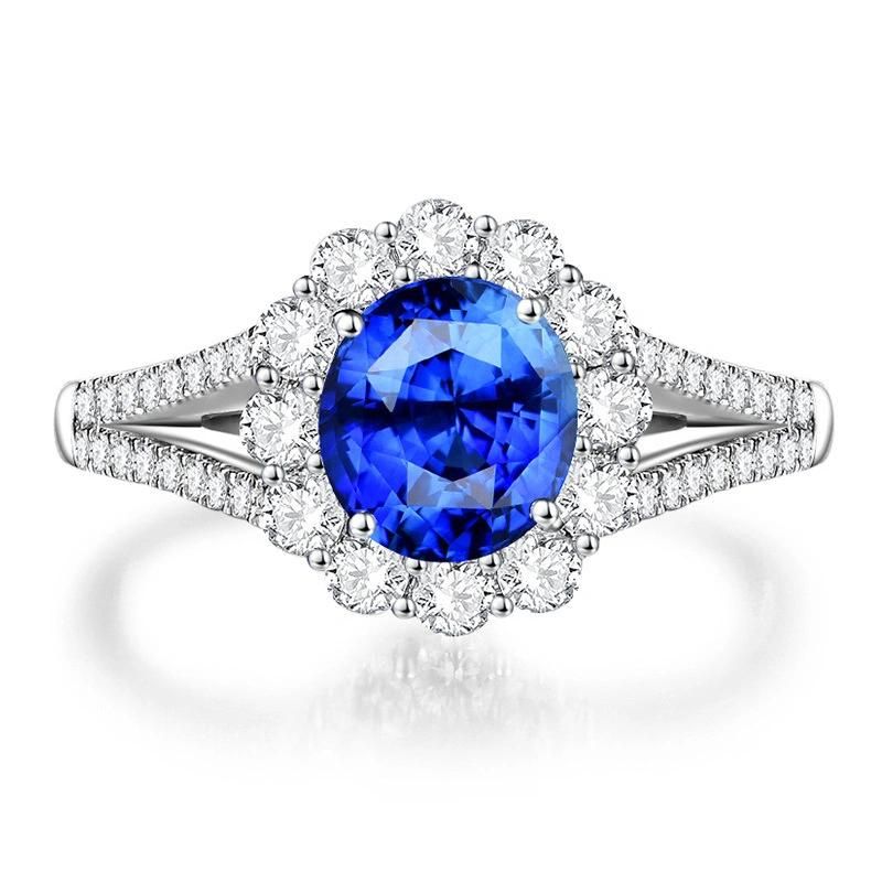 Four Claw Sapphire Blue Crystal with Diamond Ring