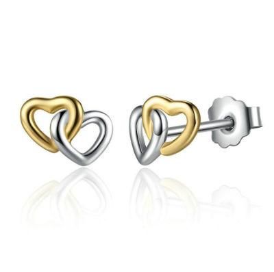 Tiny Hypoallergenic Love Two Tones Double Hearts Earring for Gift