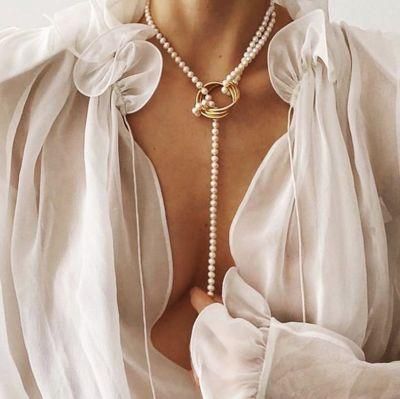 Geometric Metal Pearl Necklace Personality Fashion Sweater Chain