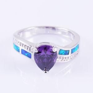 Created Blue Fire Opal with Amethyst CZ Stone Ring