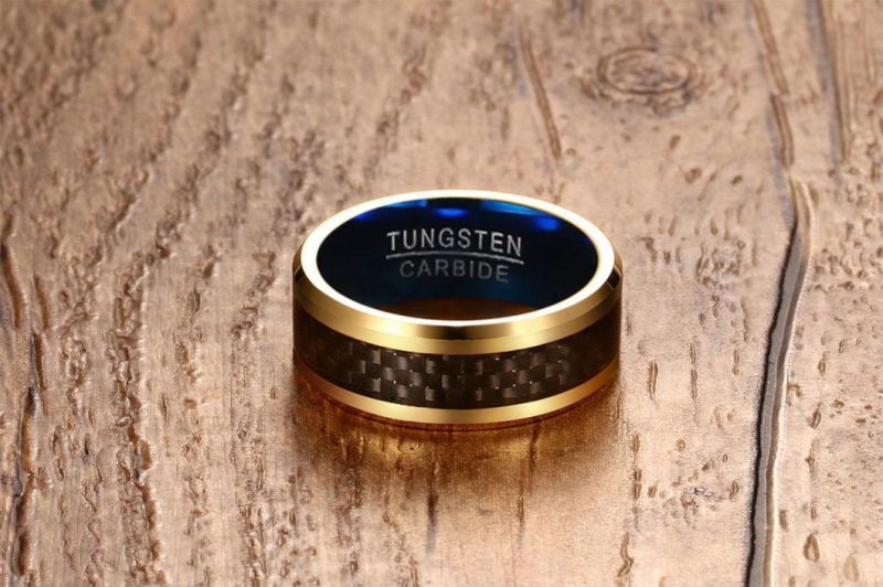 Jewelry Wholesale 8mm Tungsten Carbon Fiber Ring IP Gold Blue Fashion Ring Tst048