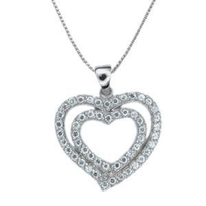 Double Heart Designed Halo Sterling Silver Necklace Pendant