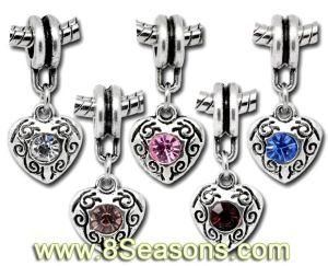 Mixed Silver Tone Rhinestone Love Heart Charm Dangle Beads Fit European Charm 24x10mm, 20PCS Per Package (B09857)