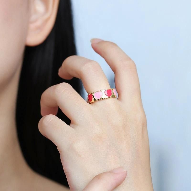 Fashion Jewelry 18K Gold Plted Heart Pink Enamel Ring for Women
