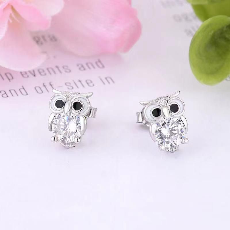 Stud Earrings Luxury Female White Crystal Owl Earrings 925 Sterling Silver Earrings