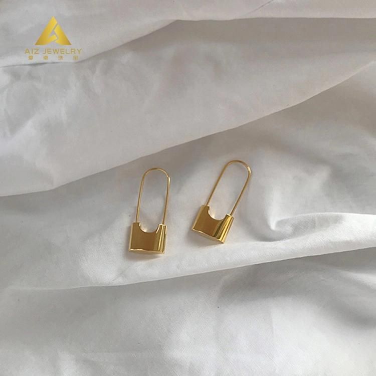 Custom Fashion Minimal Jewelry 18K Gold Plated Stainless Steel Paperclip Paper Clip Padlock Lock Long Safety Pin Hoop Earrings