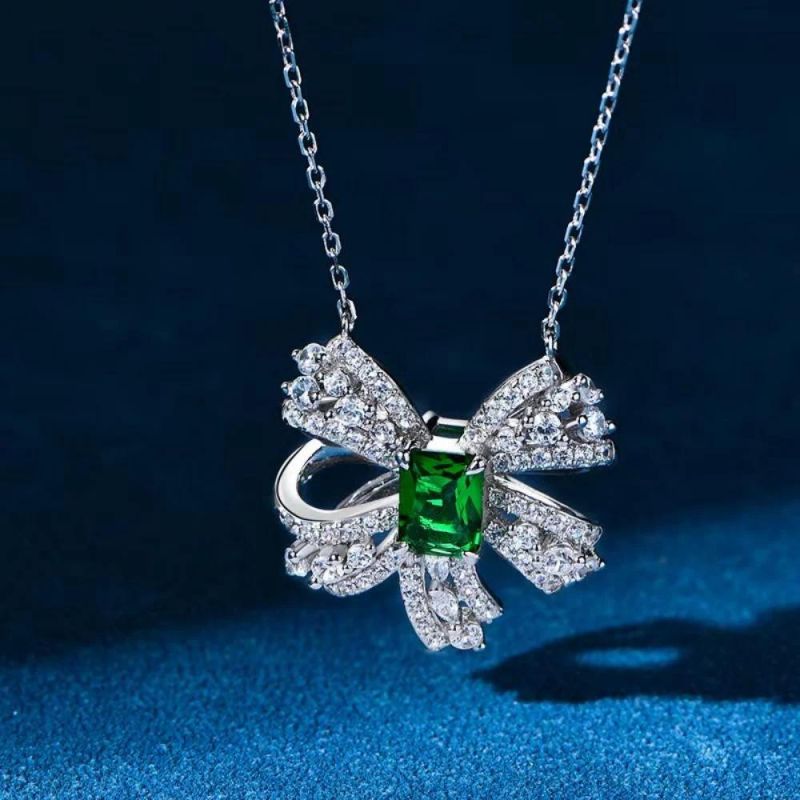 2022 New S925 Sterling Silver European American Luxury Bow Necklace Luxury Cultivated Emerald Necklace