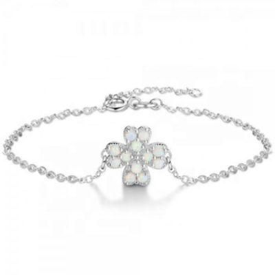 Elegant 925 Sterling Silver Four Leaf Clover Charm White Lab Opal Bracelet with Slider for Women&prime; S Jewelry