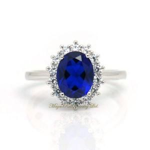 Synthetic Sapphire Ring William and Diana Item 925 Sterling Silver White Gold Plated