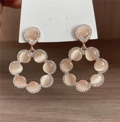 Manufacture Custom New Design Rose Gold Plated Elegant Teardrop Stud Flower Shape Pendant Statement Cateye Drop Women Earrings