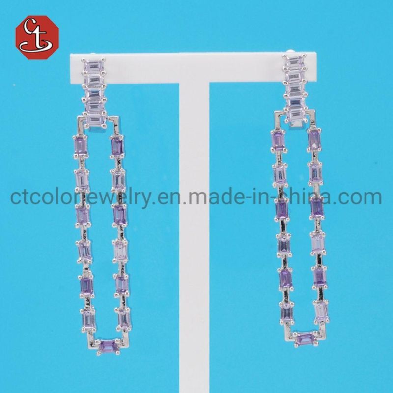 Women Popular Baguette TP CZ Stone SQ Long Brass & Silver Jewelry Earring 