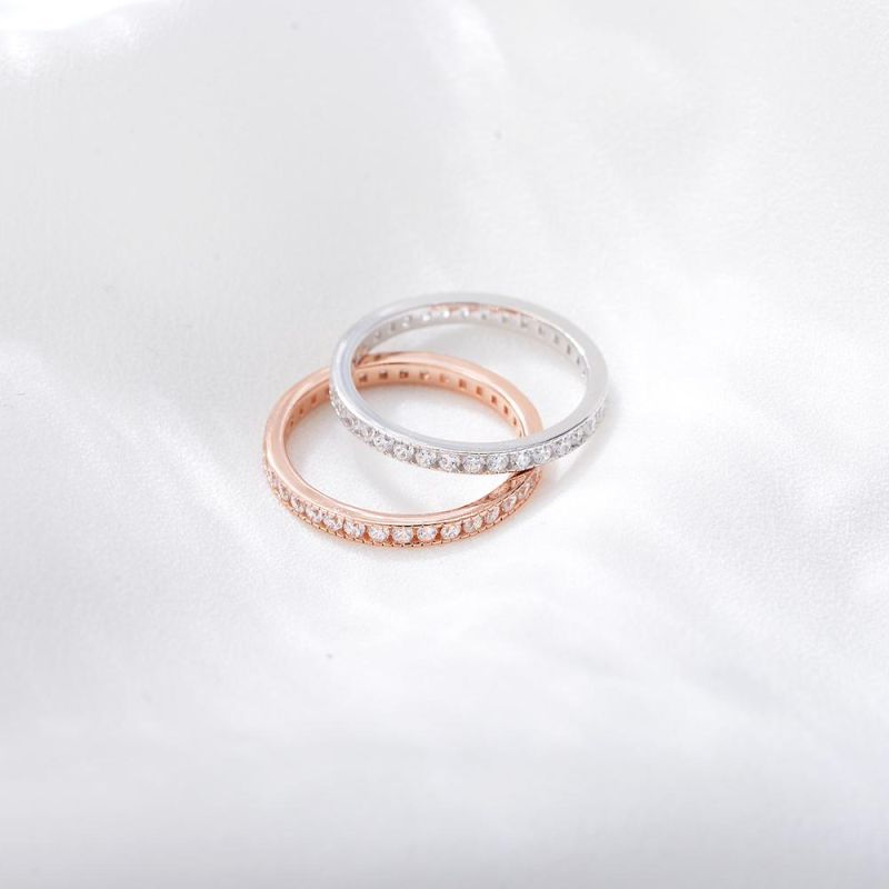 Trendy Rose Gold Plated 925 Sterling Silver Prong Setting Zircon Stone Eternity Ring