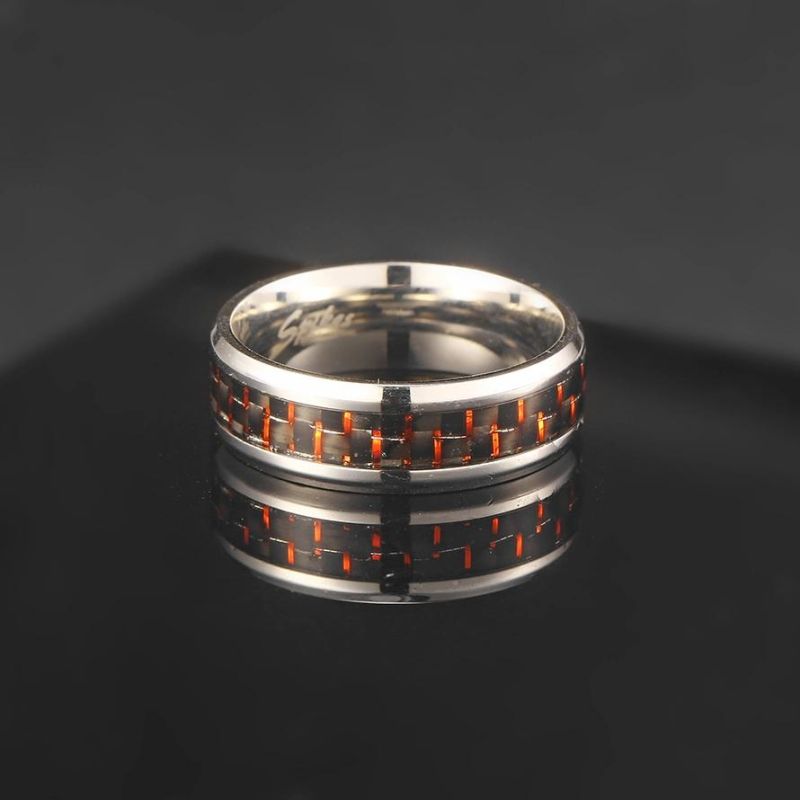 Red Black Carbon Fiber Silver Dragon Inlay Fits Comfortably in a Stainless Steel Ring for a Man′s Wedding Ring