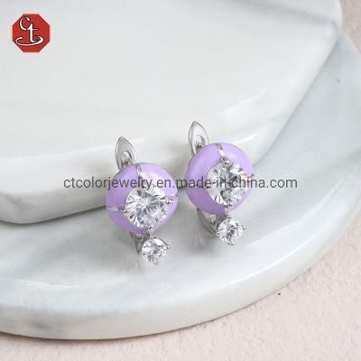 Fashion Jewelry White cz, Rose Rhodium plated Glass purple enamel Earrings