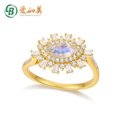 925 Sterling Silver Marquise Cut Blue Moonstone Ring Women Vintage Engagement Ring CZ Diamond Wedding Ring