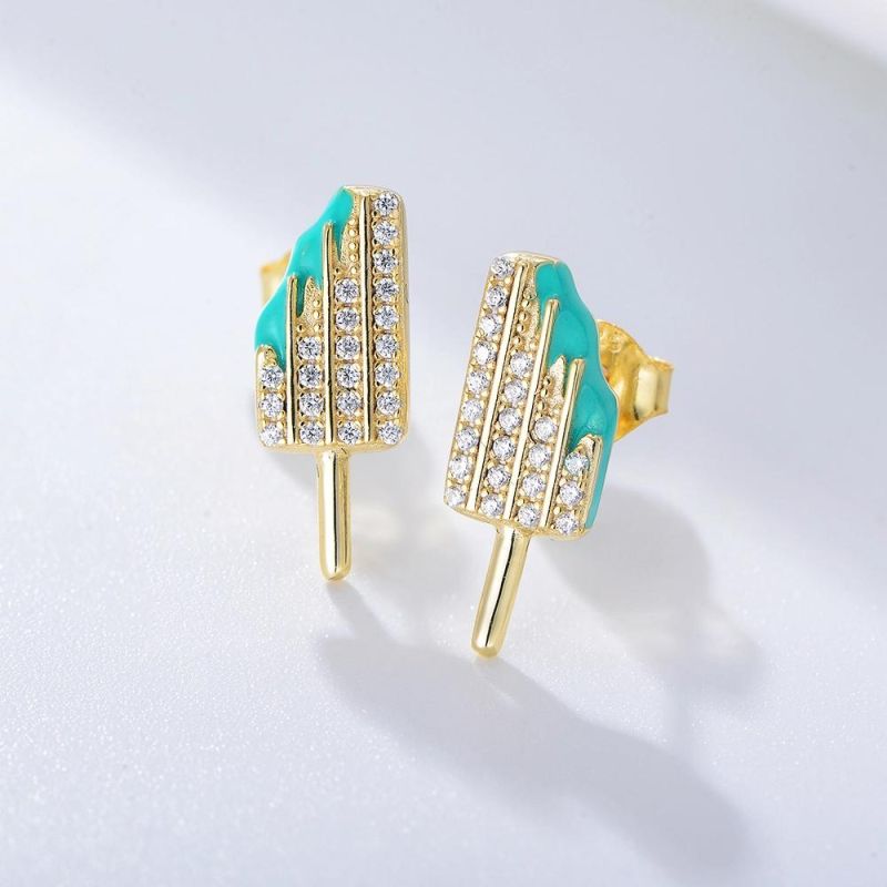 Popular Tiny Summer Silver Plated Earrings Women Zircon Ice-Cream Enamel Stud Popsicle Earrings