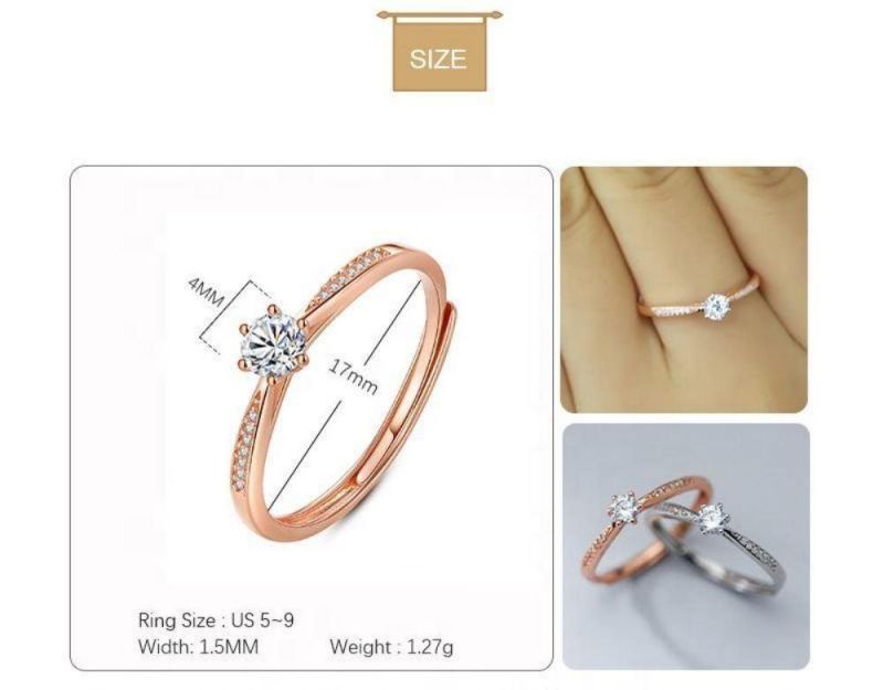 Real 925 Sterling Silver Ring Six Claw Zircon Adjustable Ring for Women Wedding Engagement Jewelry Gift