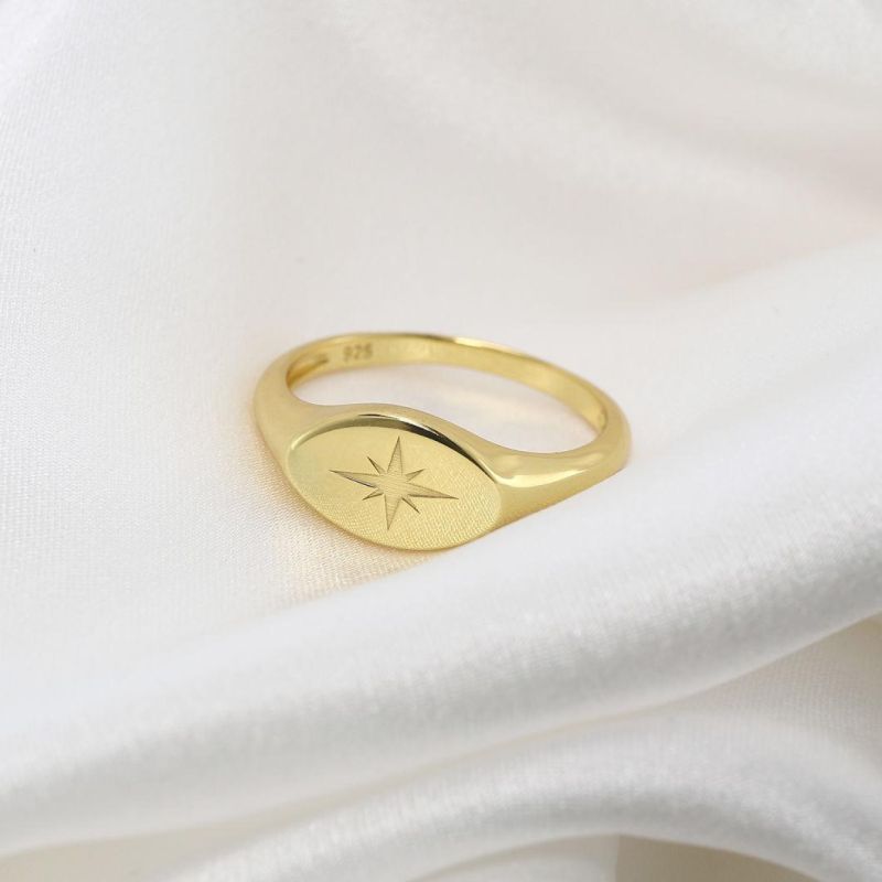 Custom Design Fashion Jewelry Oval Engraved 18K Gold Plated 925 Sterling Silver Starburst Blank Plain Signet Ring for Women