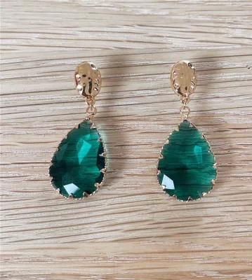 New Trendy Elegant Hammered Oval Top Stud Flower Metal Wrapping Paris Translucent Glass Stone Teardrop Earrings for Jewelry Party Wedding