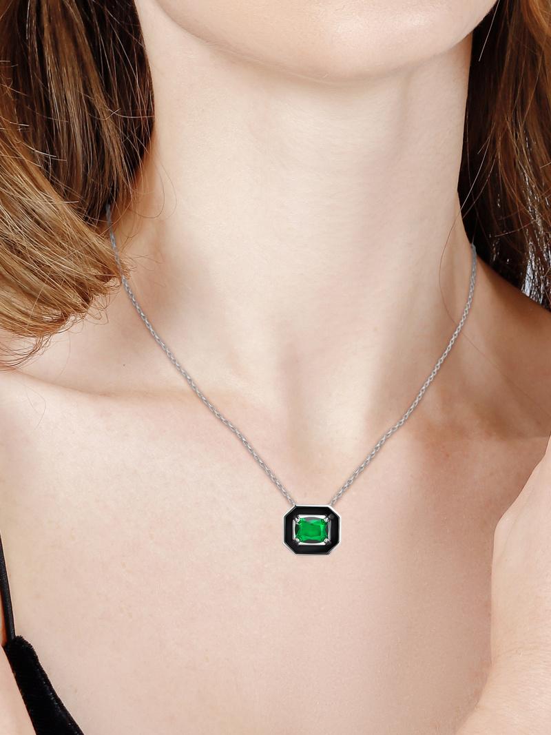 925 Sterling Silver Jewelry Emerald CZ Stones Black Enamel Pendant Necklace
