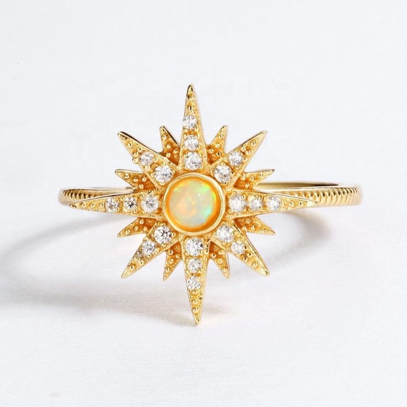 Hot Sale Fashion Women Gold Vermeil Created Jewelry Sun Star 925 Silver Synthetic Opal Ring