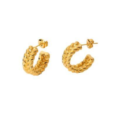 Gold Plated Stainless Steel C Stud Earrings with Ear of Wheat Pattern in Double Sides Hoop Earrings