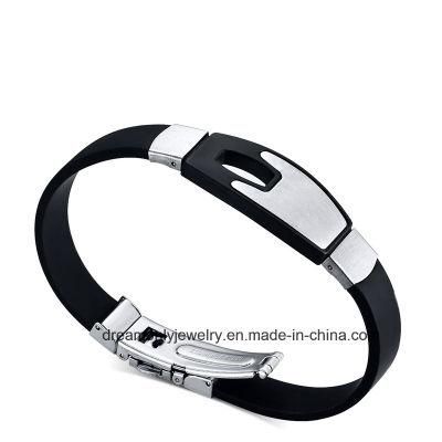 316 Stainless Steel Men Black Leather and Sillicone Bracelet
