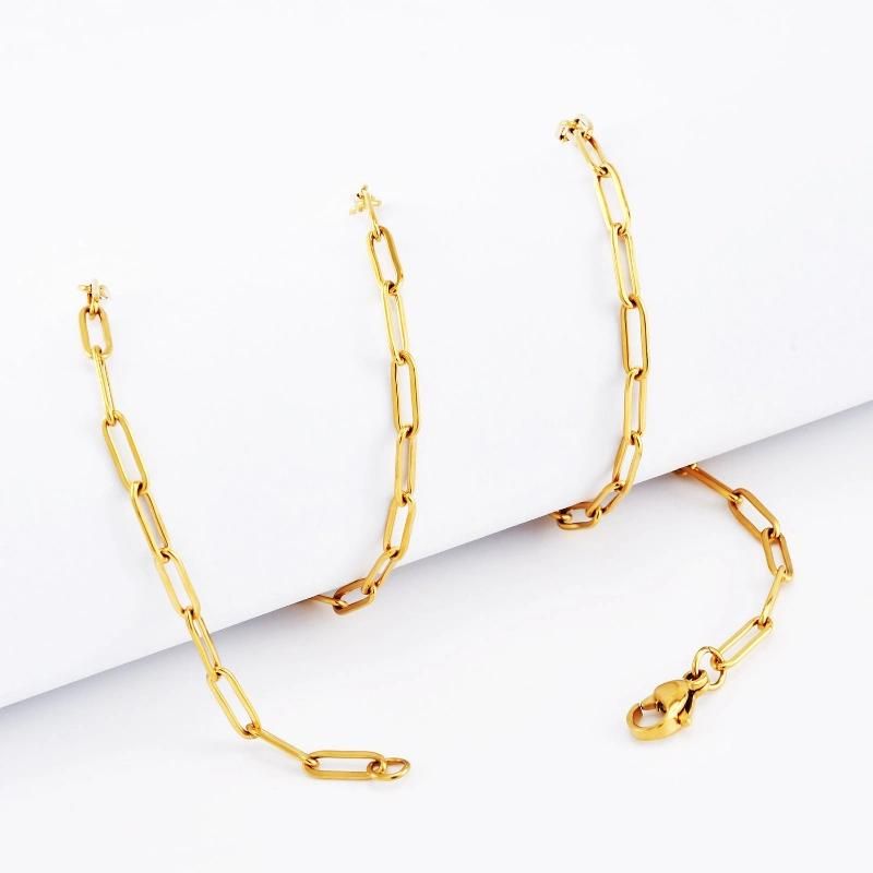 Fashion 18K Gold Plated Long Paper Clip Stainless Steel Necklace for Ladies Suit for Layer Wearing