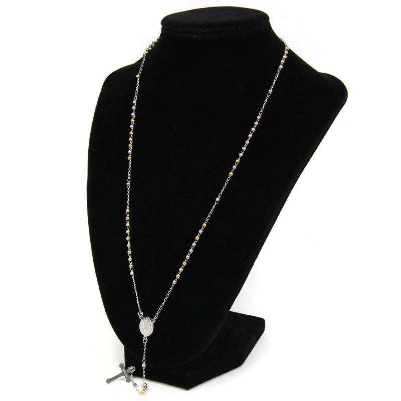 Fashion Jewelry Stainless Steel 18K Gold Plated Rosary Beads and Cross Pendant Necklace for Men