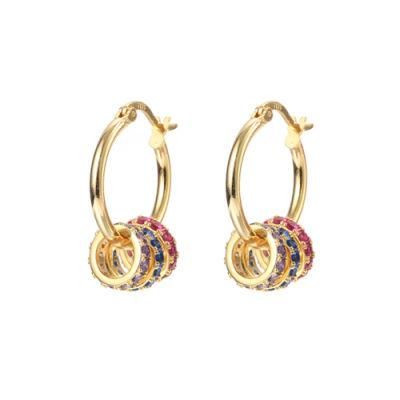 925 Sterling Silver Multicolor CZ 3 Ring Zircon Boho Earring Hoop Earrings Rainbow