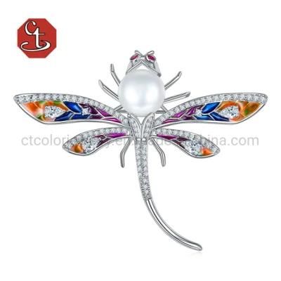 Dragonfly Silver Brooch Animal Pearl Brooch Large Dragonfly Jewelry Colorful Enamel Insect Pins Fashion Jewelry
