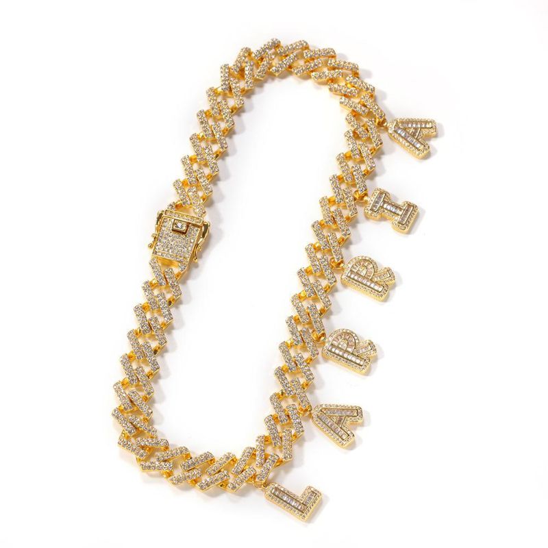 Iced out Letter Gold Plated Cuban Link Mens Charm Bracelets