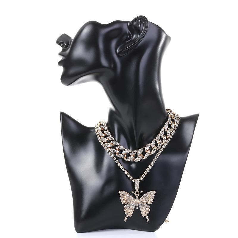 Double Layer Big Butterfly Pendant Necklace Full Rhinestone Women Jewelry