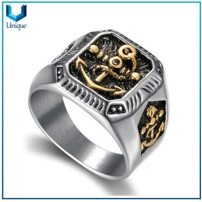 Factory Price Custom Electroplated in Antique Gold Silver Signet Type Anchor Military Ring, Fashion Stainless Steel Navy Military Ring