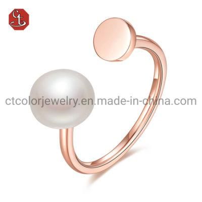 Fashion Jeweley 925 Silver and Brass Rose Gold plated Natural Freshwater Pearl Rings for Adjustable Rings