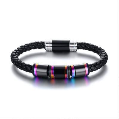 European and American Style Men&prime; S Ultra-Fine Leather Bracelet Stainless Steel Accessories Black Bracelet Wholesale