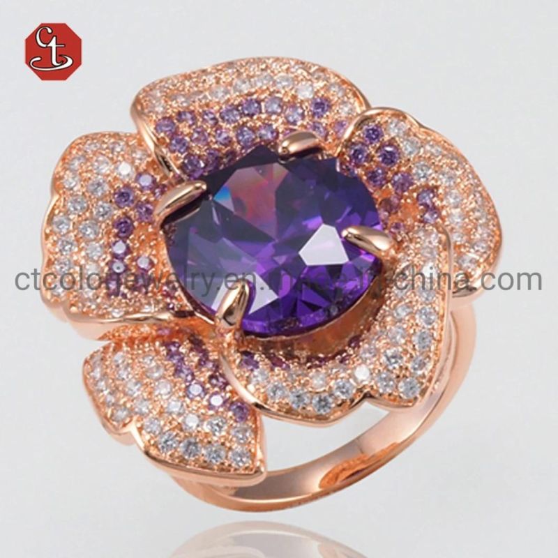 Luxury Gemstone Jewellery Rose Gold Flower Silver Ring Amethyst/Ruby Ring