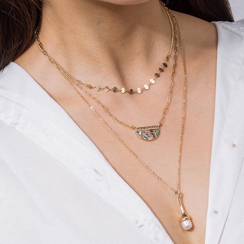 3 Layered Necklace with Diamond Shape Stamping Choker Semi-Circle Arch Abalone Pendant Dumbbell Drop Pearl Multiple Necklace for Trendy Fashion Women Lady Girls