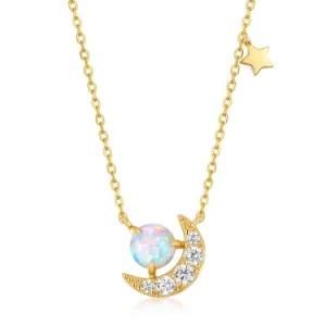 Girls Sterling Silver Synthetic Opal 5A CZ Crescent Moon Pendant Necklace