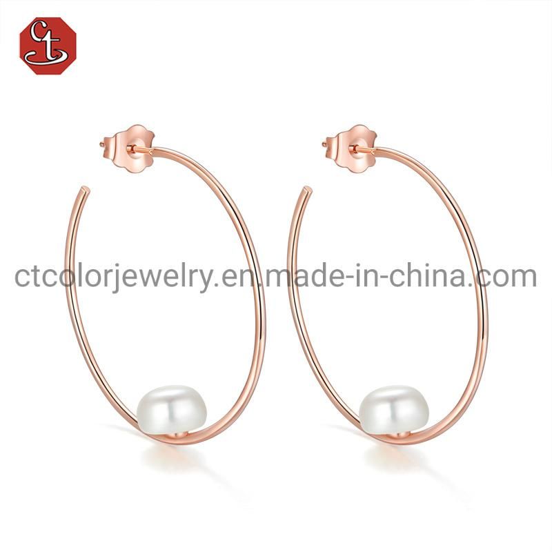 Fashion Round Simple Plain 925 Sterling Silver Jewelry Earring with Natural Pearl